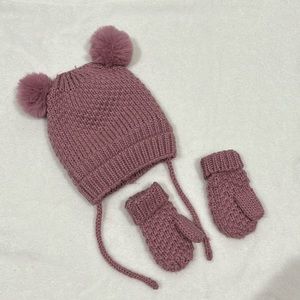 Zara Kids Hat Mittens Bundle Toddler Girl 1-3 year Dusty Pink Knit Pompom